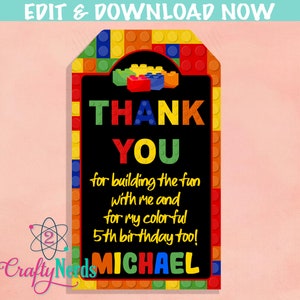 Building Blocks Birthday Thank You Tag, Blocks Birthday Tag favor Label | Editable Instant Download | Edit Online NOW Corjl | INSTANT ACCESS