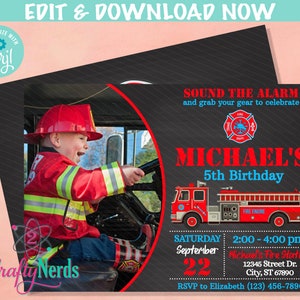 May include: A firefighter-themed birthday invitation with a photo of a child in a red firefighter costume driving a toy fire truck. The invitation is black with red and blue accents. It says "Sound the Alarm and grab your gear to celebrate Michael's 5th Birthday." The invitation also includes the date, time, and location of the party.