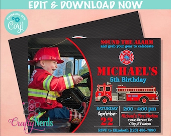 May include: A firefighter-themed birthday invitation with a photo of a child in a red firefighter costume driving a toy fire truck. The invitation is black with red and blue accents. It says "Sound the Alarm and grab your gear to celebrate Michael's 5th Birthday." The invitation also includes the date, time, and location of the party.