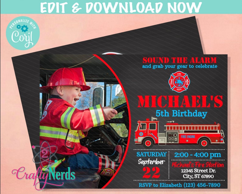 May include: A firefighter-themed birthday invitation with a photo of a child in a red firefighter costume driving a toy fire truck. The invitation is black with red and blue accents. It says "Sound the Alarm and grab your gear to celebrate Michael's 5th Birthday." The invitation also includes the date, time, and location of the party.
