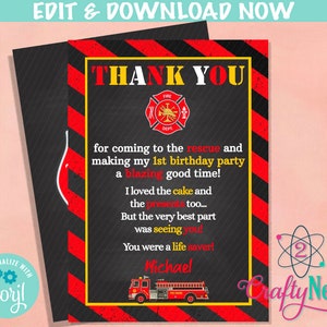 Firefighter Birthday Thank You Card, Firefighter Birthday Party | Editable Instant Download | Edit Online NOW Corjl | INSTANT ACCESS T1