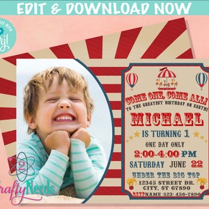 Carnival Circus Birthday Invitation With Photo, Circus Party, Carnival | Editable Instant Download | Edit Online NOW Corjl | INSTANT ACCESS