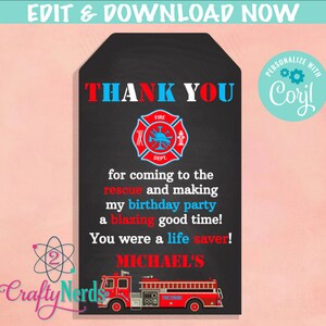May include: A red and black thank you tag with a firefighter theme. The tag features a red fire truck, a fire department logo, and the text "THANK YOU" in blue and red. The text "PERSONALIZE WITH Coril" is in a circle with a gear design.