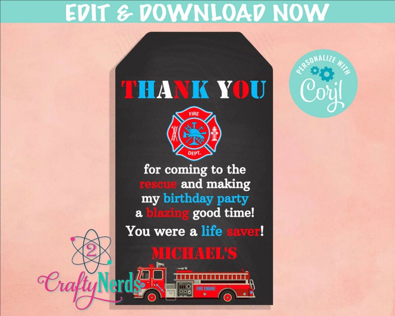 May include: A red and black thank you tag with a firefighter theme. The tag features a red fire truck, a fire department logo, and the text "THANK YOU" in blue and red. The text "PERSONALIZE WITH Coril" is in a circle with a gear design.
