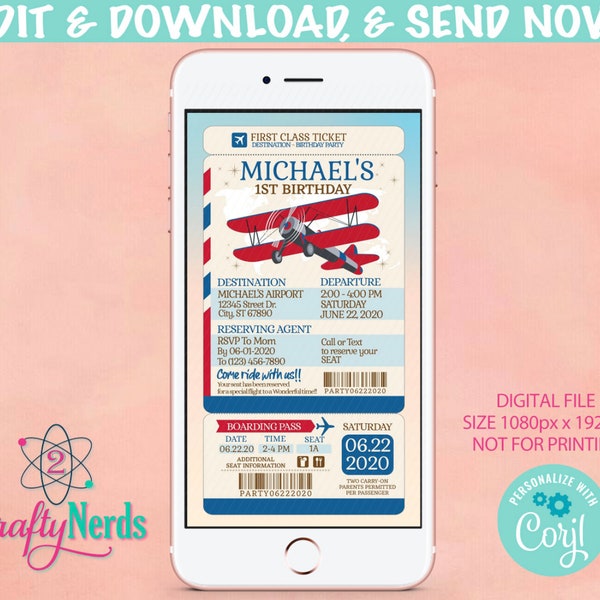 Airplane Ticket Birthday Party Electronic Invitation, Airplane Evite | Editable Instant Download | Edit Online NOW Corjl | INSTANT ACCESS