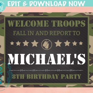 Army Welcome Birthday Sign, Army Birthday Board, Welcome Birthday Sign | Editable Instant Download | Edit Online NOW Corjl | INSTANT ACCESS