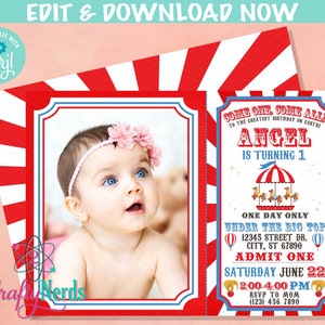 Carnival Ticket Birthday Invitation with photo, Circus invitation | Editable Instant Download | Edit Online NOW Corjl | INSTANT ACCESS