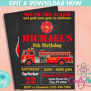 Firefighter Birthday Invitation, Fire Truck Invitation, Fireman Party | Editable Instant Download | Edit Online NOW Corjl | INSTANT ACCESS