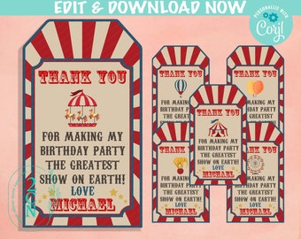 May include: Five red and white striped thank you tags with a circus theme. The tags feature images of a carousel, hot air balloon, elephant, Ferris wheel, and a tent. The text on the tags reads "Thank You for making my birthday party the greatest show on earth! Love Michael."