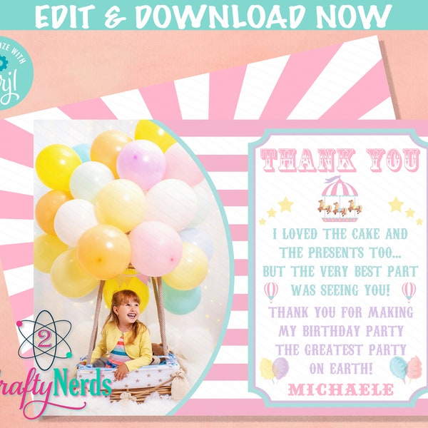 Circus Carnival Birthday Thank You Card With Photo, Circus Party | Editable Instant Download | Edit Online NOW Corjl | INSTANT ACCESS