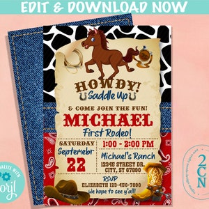 Rodeo Cowboy Wild West Birthday Invitation, Rodeo Horse, First Rodeo | Editable Instant Download | Edit Online NOW Corjl | INSTANT ACCESS