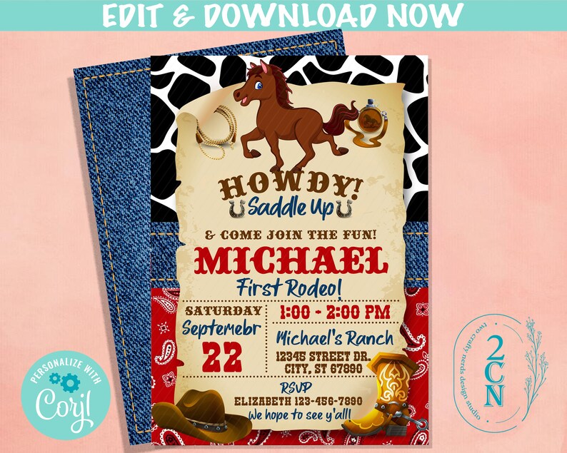 Rodeo Cowboy Wild West Birthday Invitation Rodeo Horse First Rodeo Editable Instant Download Edit Online NOW Corjl INSTANT