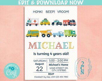 Op de afbeelding: Een kleurrijke uitnodiging voor een verjaardagsfeestje voor een 4-jarige. De uitnodiging toont verschillende voertuigen, waaronder een schoolbus, een kiepwagen, een vuilniswagen en een brandweerwagen. De tekst op de uitnodiging luidt "Michael wordt 4 jaar!" en bevat de datum, tijd en locatie van het feestje.