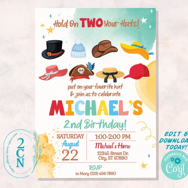 Hold On TWO Your Hats Birthday Invitation, Hat Party, Second Birthday | Editable Instant Download | Edit Online NOW Corjl | Instant access