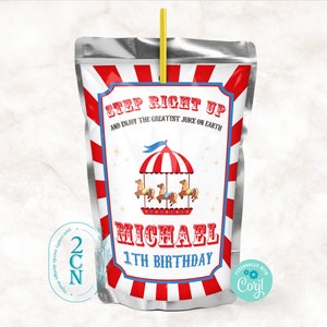 Circus Juice Pouch Label, Carnival Juice Label, Circus Birthday Decor | Editable Instant Download | Edit Online NOW Corjl | INSTANT ACCESS