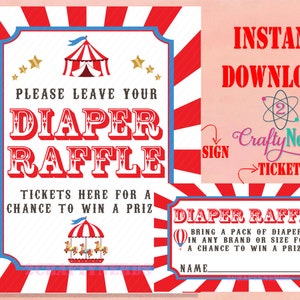 Circus Carnival Diaper Raffle Game, JPG & PDF Instant Download, Red and Blue, Circus Baby Shower, Carnival Baby Shower, Shower Games