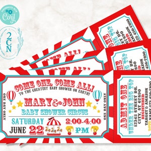 Invitación al baby shower del boleto de carnaval, invitación al bebé del circo rojo azul / Descarga instantánea editable Editar en línea AHORA Corjl / ACCESO INSTANTÁNEO