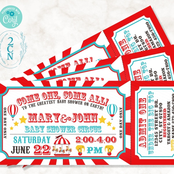 Carnival Ticket Baby Shower Invitation, Circus Baby invitation Red Blue | Editable Instant Download Edit Online NOW Corjl | INSTANT ACCESS