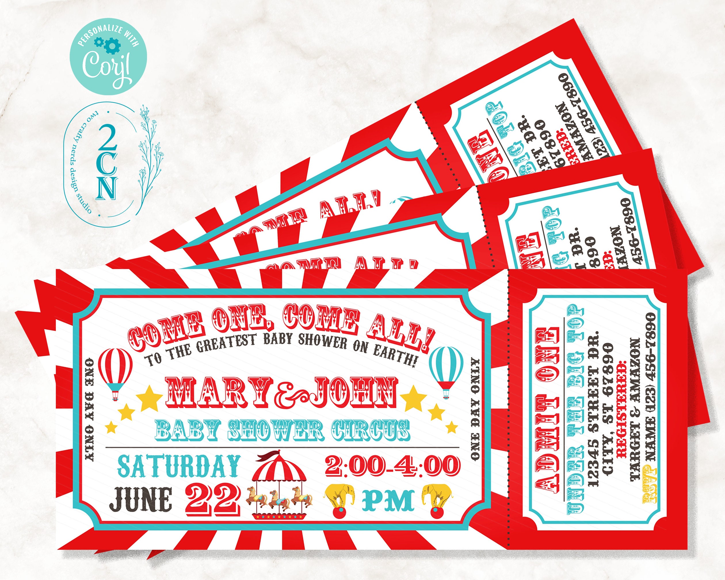 Carnival Ticket Baby Shower Invitation, Circus Baby Invitation Red Blue |  Editable Instant Download Edit Online NOW Corjl | INSTANT ACCESS - Etsy, image size:2520x2016