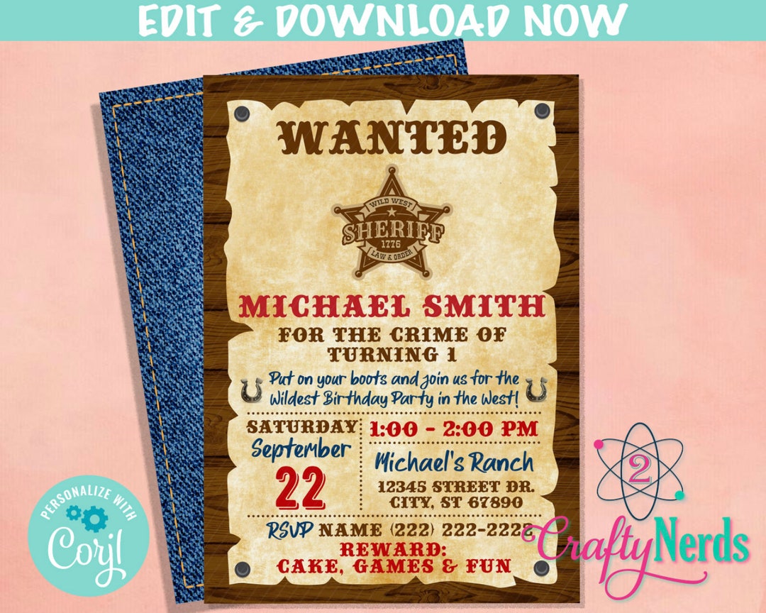 Wanted Cowboy Wild West Birthday Invitation With Photo, Western Party ...