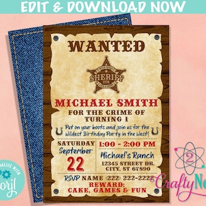 Gezocht Cowboy Wild West verjaardagsuitnodiging met foto, Western Party | Bewerkbare directe download | NU online bewerken Corjl | DIRECTE TOEGANG