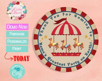 Carousel Carnival Circus Birthday Label, Carnival Birthday, Circus Tag | Editable Instant Download | Edit Online NOW Corjl | INSTANT ACCESS