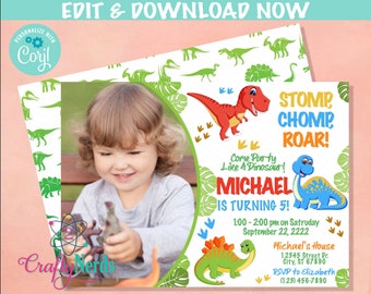 May include: A dinosaur-themed birthday invitation with a photo of a young boy holding a dinosaur toy. The invitation features a green, blue, and red dinosaur illustration with the text "STOMP CHOMP ROAR!" and "Come Party Like A Dinosaur!" The invitation also includes the child's name, age, date, and time of the party, as well as the location and RSVP information.