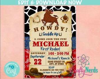 Rodeo Cowboy Wild West Birthday Invitation, Rodeo Party, First Rodeo | Editable Instant Download | Edit Online NOW Corjl | INSTANT ACCESS