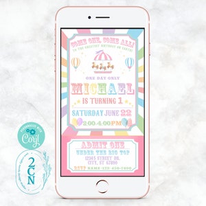 Circus Carnival Ticket Birthday Party Phone Invitation Pastel Rainbow | Editable Instant Download | Edit Online NOW Corjl | INSTANT ACCESS