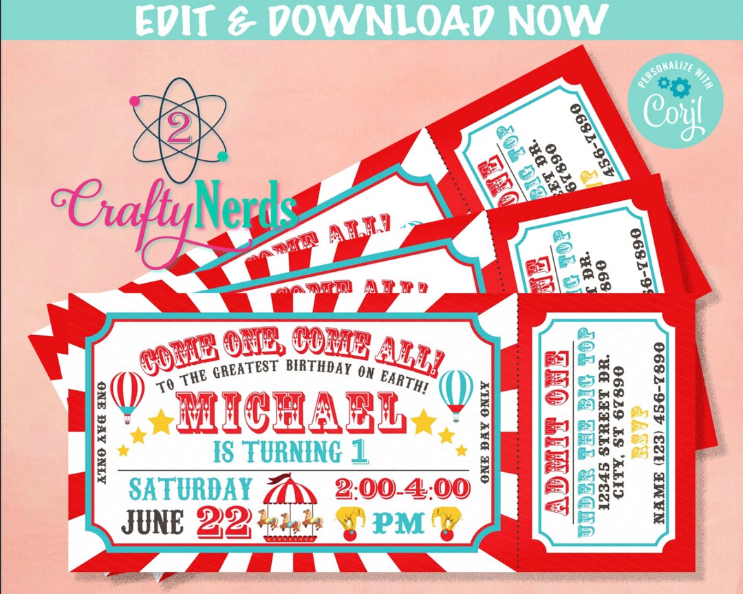 Carnival Ticket Birthday Invitation, Circus Party, Circus Invitation