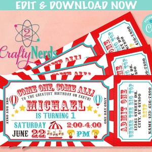 Invitación de cumpleaños de boleto de carnaval, fiesta de circo, invitación de circo / Descarga instantánea editable / Editar en línea AHORA Corjl / ACCESO INSTANTÁNEO