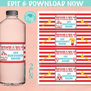 Circus Water Bottle Label, Carnival beverage label, Circus Party Decor | Editable Instant Download | Edit Online NOW Corjl | INSTANT ACCESS