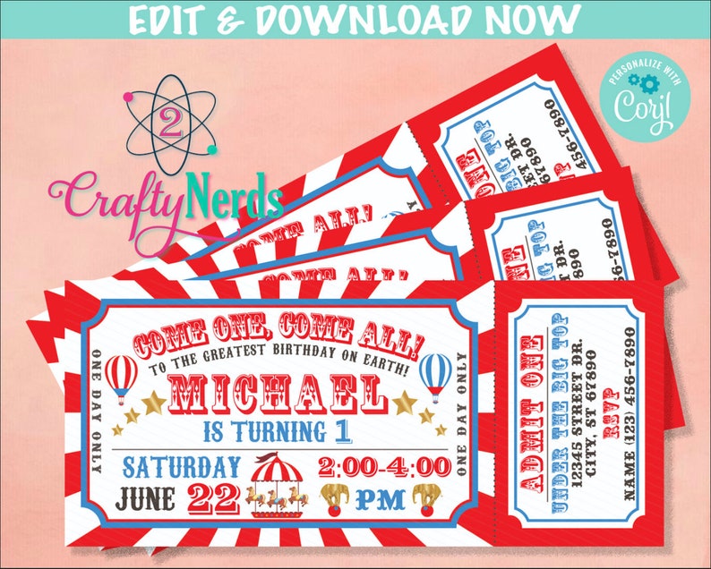 May include: Red and white striped ticket invitation for a birthday party. The ticket says "Come One, Come All! To the Greatest Birthday on Earth! Michael is turning 1. Saturday June 22, 2:00-4:00 PM".