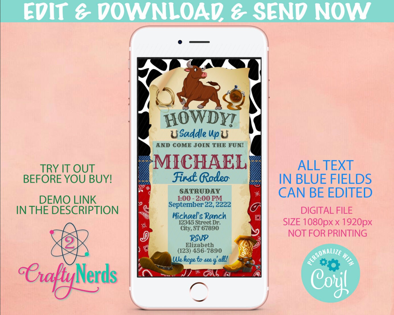 Bull Rider Invitation Cowboy Bull Rodeo Birthday Party Electronic Invitation, Rodeo Evite ...