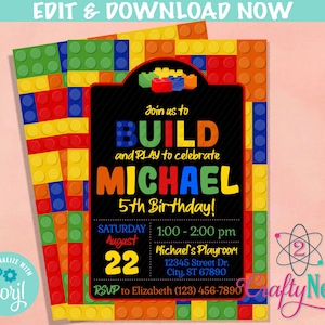 Colorful Building Blocks Birthday Invitation, Bricks Party Invitation | Editable Instant Download | Edit Online NOW Corjl | INSTANT ACCESS
