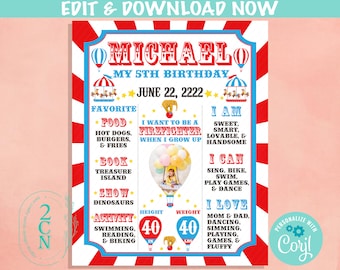 Carnival Circus Birthday Sign Birthday Board With Photo, Milestone Sign | Editable Instant Download | Edit Online NOW Corjl | INSTANT ACCESS