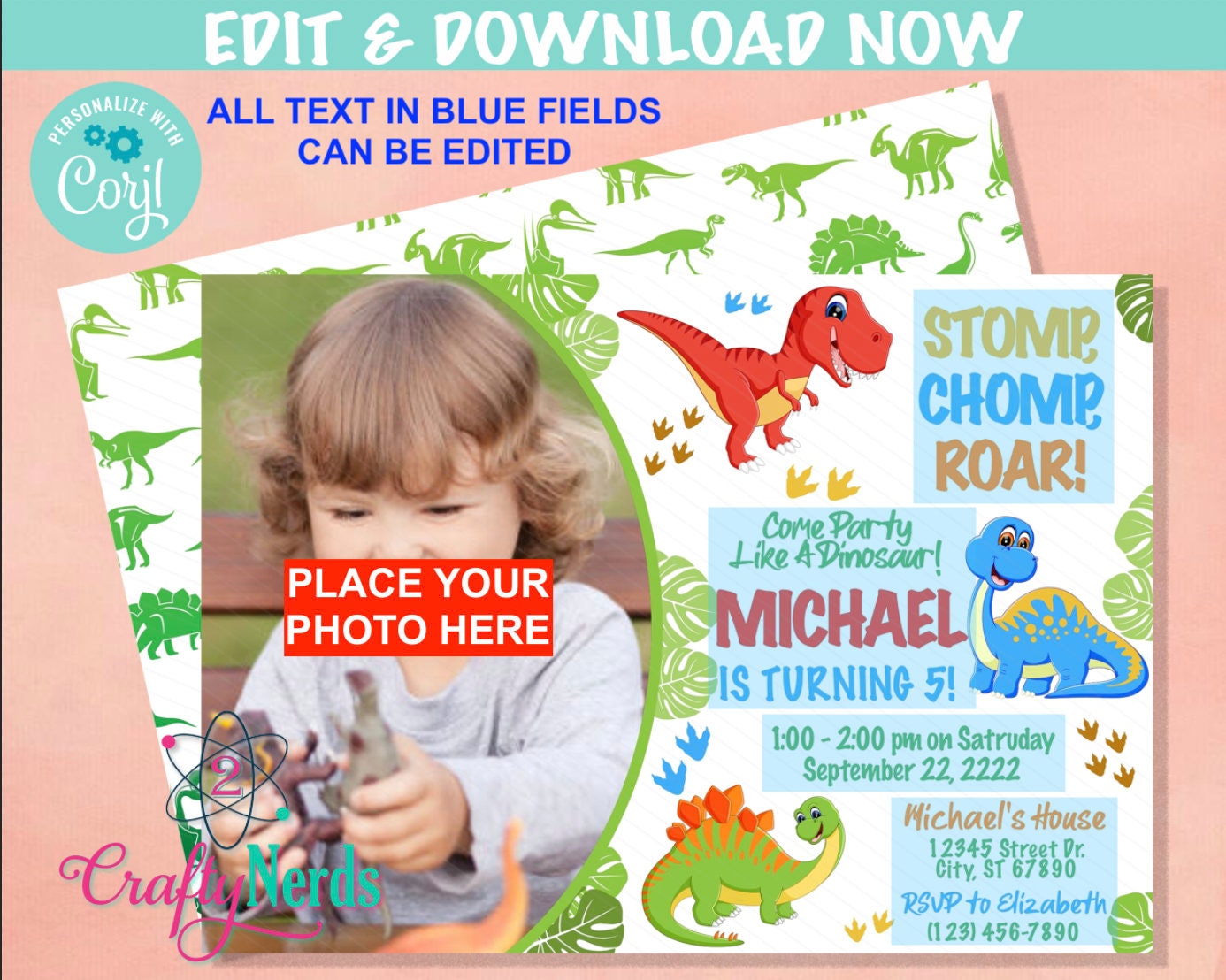 Dinosaur Birthday Party Invitation With Photo, Dinosaur Party, Dino |  Editable Instant Download | Edit Online NOW Corjl | INSTANT ACCESS - Etsy, image size:1386x1108