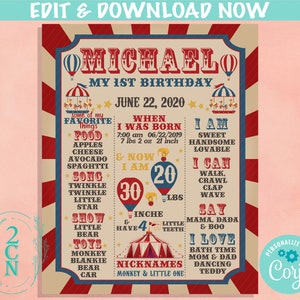 Vintage Tent Carnival Circus Birthday Sign Birthday Board Milestone Sign| Editable Instant Download | Edit Online NOW Corjl | INSTANT ACCESS