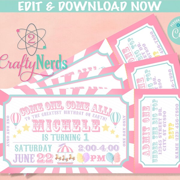 Carnival Ticket Birthday Invitation Pastel, Circus invitation Pastel | Editable Instant Download Edit Online NOW Corjl | INSTANT ACCESS