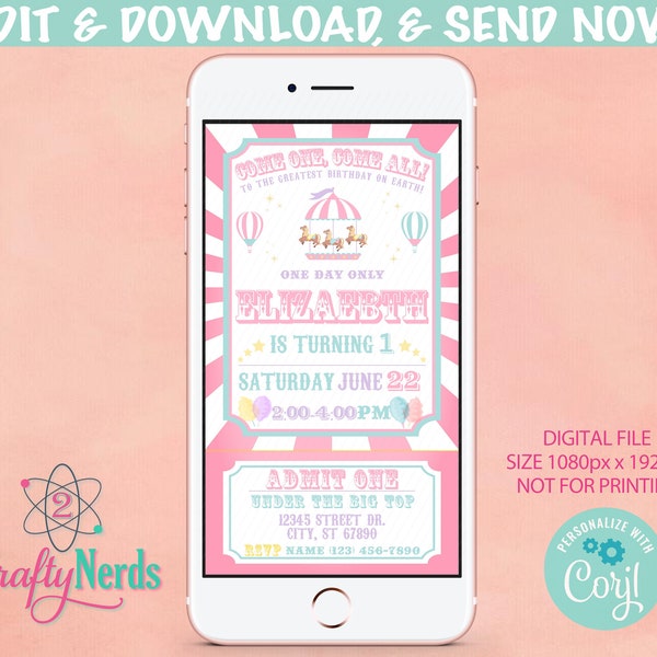 Circus Carnival Ticket Birthday Party Electronic Invitation, Pastel | Editable Instant Download | Edit Online NOW Corjl | INSTANT ACCESS