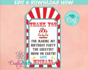 Circus Birthday Thank You Tag, Carnival Birthday Tag Circus Favor Label | Editable Instant Download | Edit Online NOW Corjl | INSTANT ACCESS