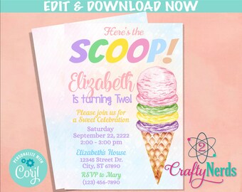 Ice Cream Birthday Invitation, Summer Party Invitation Pastel Ice Cream | Editable Instant Download | Edit Online NOW Corjl | INSTANT ACCESS