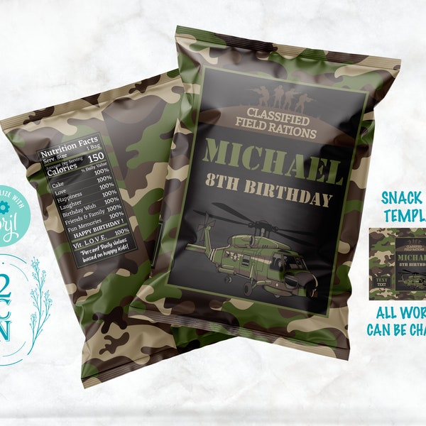 Army Birthday Chips Bag, Army Camo Party Popcorn Bag, 1oz Snack Bag | Editable Instant Download | Edit Online NOW Corjl | INSTANT ACCESS