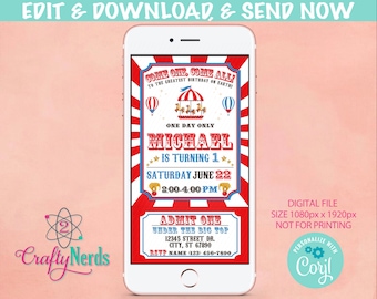 Circus Carnival Ticket Birthday Party Electronic Invitation, Evite | Editable Instant Download | Edit Online NOW Corjl | INSTANT ACCESS