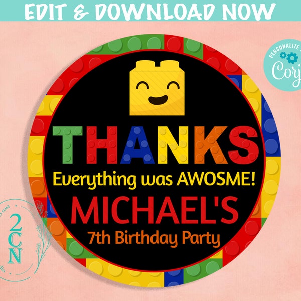 Building Blocks Birthday Thank You Round Label Party Birthday Label Tag | Editable Instant Download | Edit Online NOW Corjl | INSTANT ACCESS