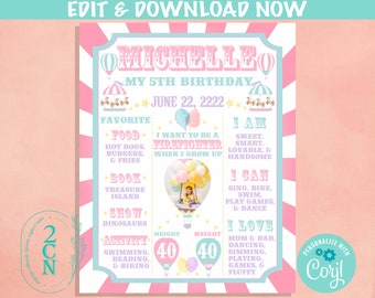 Carnival Circus Birthday Sign Birthday Board With Photo Pastel Milestone Editable Instant Download | Edit Online NOW Corjl | INSTANT ACCESS