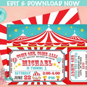 Carnival Circus Birthday Invitation with Tent Top, Red Circus Carnival | Editable Instant Download | Edit Online NOW Corjl | INSTANT ACCESS