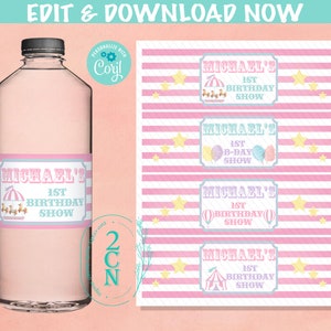 Circus Water Bottle Label, Carnival beverage label, Pastel Party Decor | Editable Instant Download | Edit Online NOW Corjl | INSTANT ACCESS