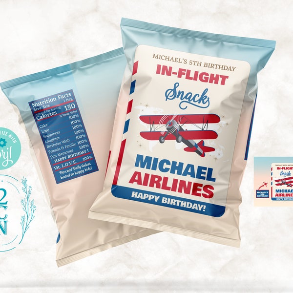 Airplane Birthday Chips Bag, Plane Birthday Popcorn Bag, 1oz Snack Bag | Editable Instant Download | Edit Online NOW Corjl | INSTANT ACCESS