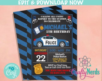 May include: A blue and black police car birthday party invitation with a blue and white striped background. The invitation says "Calling all units! Report to the station to celebrate Michael's 5th Birthday".